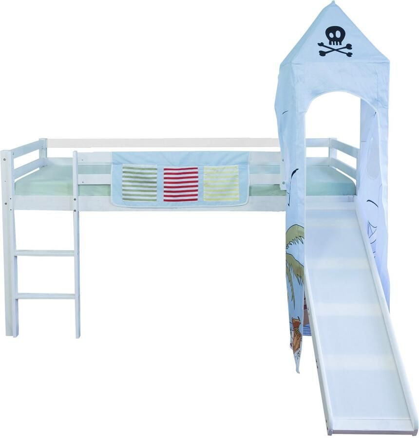 Homestyle4u Hochbett Kinder 90x200 cm mit Leiter Rutsche Turm Bettgestell Holz Massiv Insel Pirat Blau