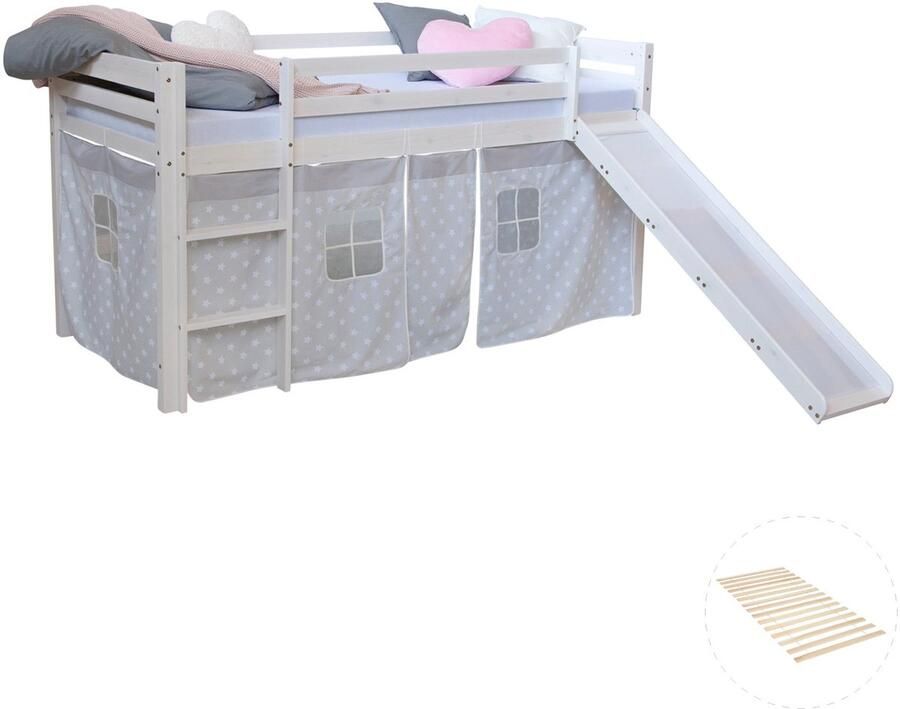 Homestyle4u Hochbett mit Lattenrost 90x200 Rutsche Stockbett Weiß Kinderbett Holz Kiefer Vorhang grau Sterne
