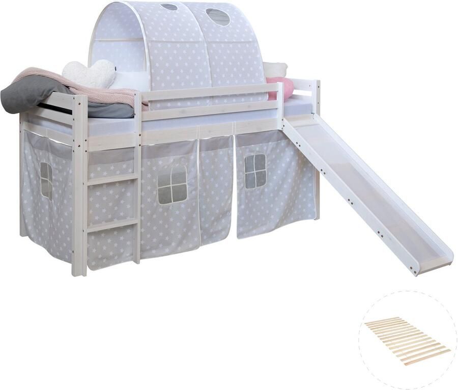 Homestyle4u Hochbett mit Lattenrost 90x200 Rutsche Stockbett Weiß Kinderbett Holz Kiefer Vorhang Tunnel Sterne grau