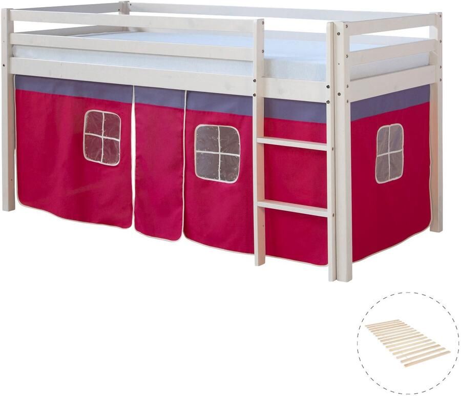 Homestyle4u Hochbett mit Lattenrost 90x200 cm Kinderbett Leiter Holz Kiefer Vorhang Pink Jugendbett