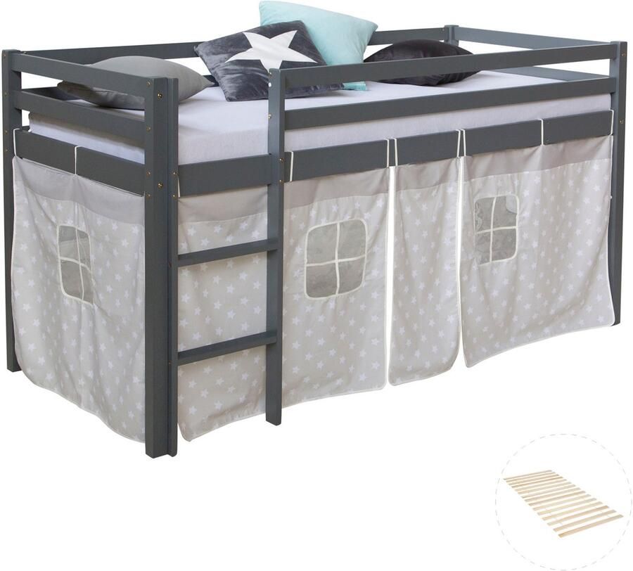 Homestyle4u Hochbett mit Lattenrost 90x200 cm Grau Kinderbett Leiter Holz Kiefer Vorhang Sterne Jugendbett