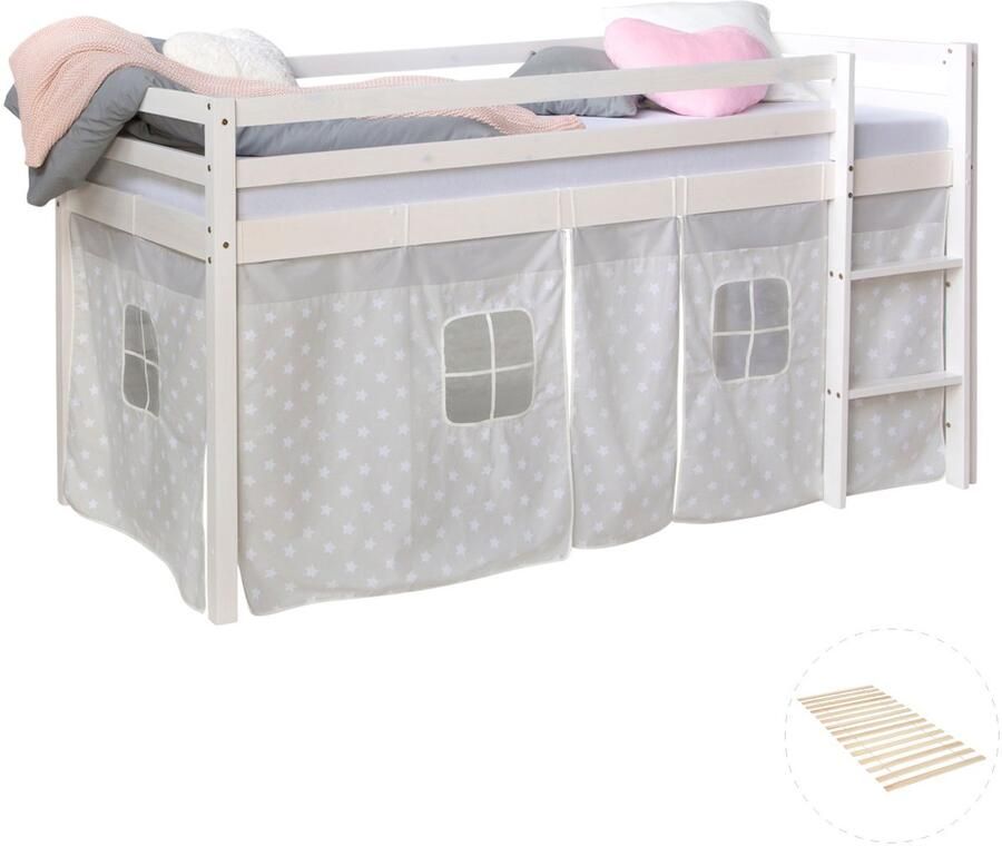 Homestyle4u Hochbett mit Lattenrost 90x200 cm Kinderbett Leiter Holz Kiefer Vorhang Sterne grau Jugendbett