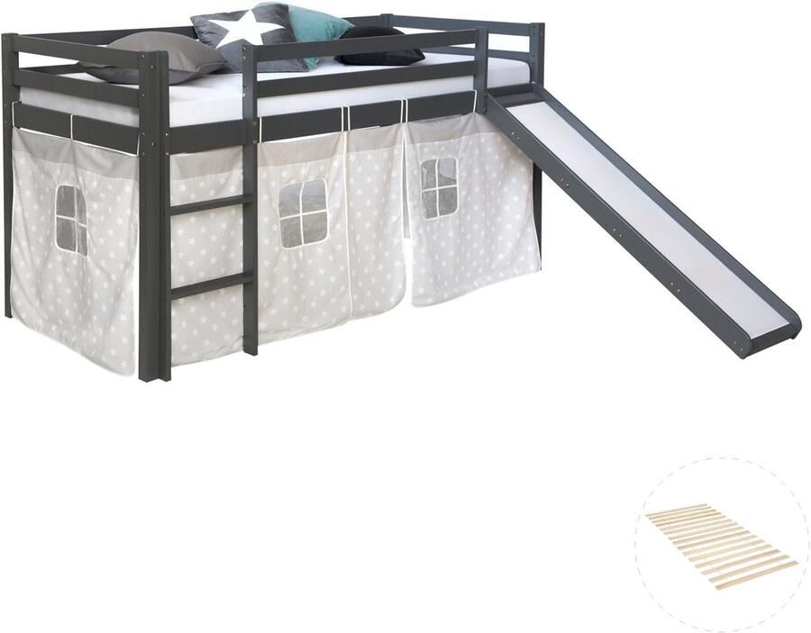Homestyle4u Hochbett mit Lattenrost 90x200 Rutsche Stockbett Grau Kinderbett Holz Kiefer Vorhang Sterne