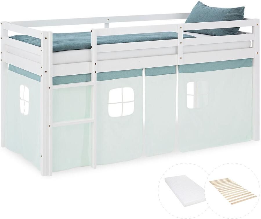 Homestyle4u Hochbett Kinder 90x200 cm mit Matratze Kinderbett Kinderhochbett Stockbett Vorhang Grün Mintgrün Holz Massiv Lattenrost