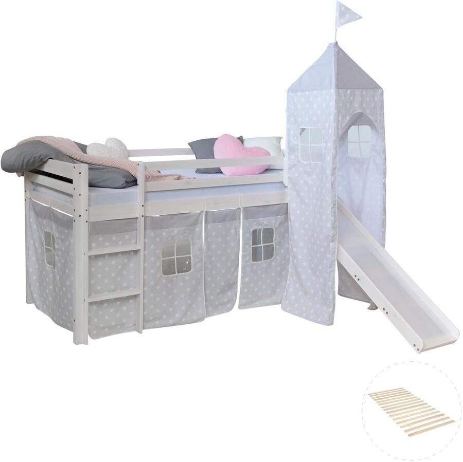 Homestyle4u Hochbett mit Lattenrost 90x200 Turm Rutsche Stockbett Kinderbett Holz Kiefer Vorhang grau Sterne