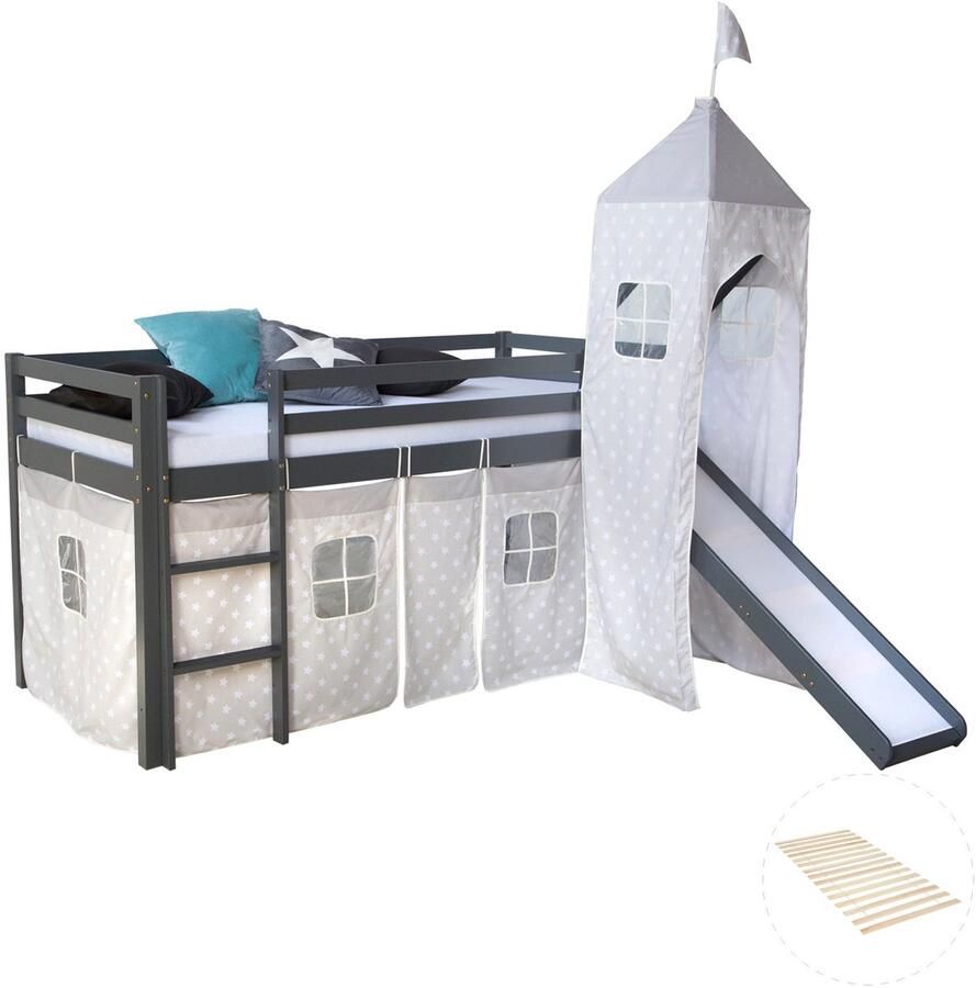 Homestyle4u Hochbett mit Lattenrost 90x200 Turm Rutsche Stockbett Grau Kinderbett Holz Kiefer Vorhang Sterne