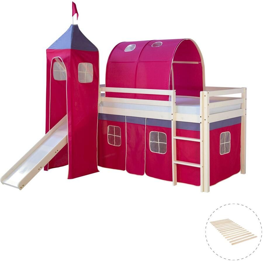 Homestyle4u Hochbett mit Lattenrost 90x200 Turm Tunnel Rutsche Stockbett Kinderbett Holz Kiefer Vorhang pink