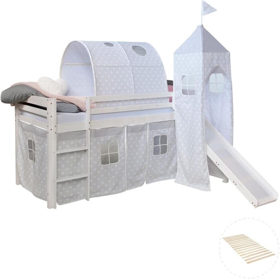 Homestyle4u Hochbett mit Lattenrost 90x200 Turm Tunnel Rutsche Stockbett Weiß Kinderbett Holz Kiefer Vorhang Sterne grau