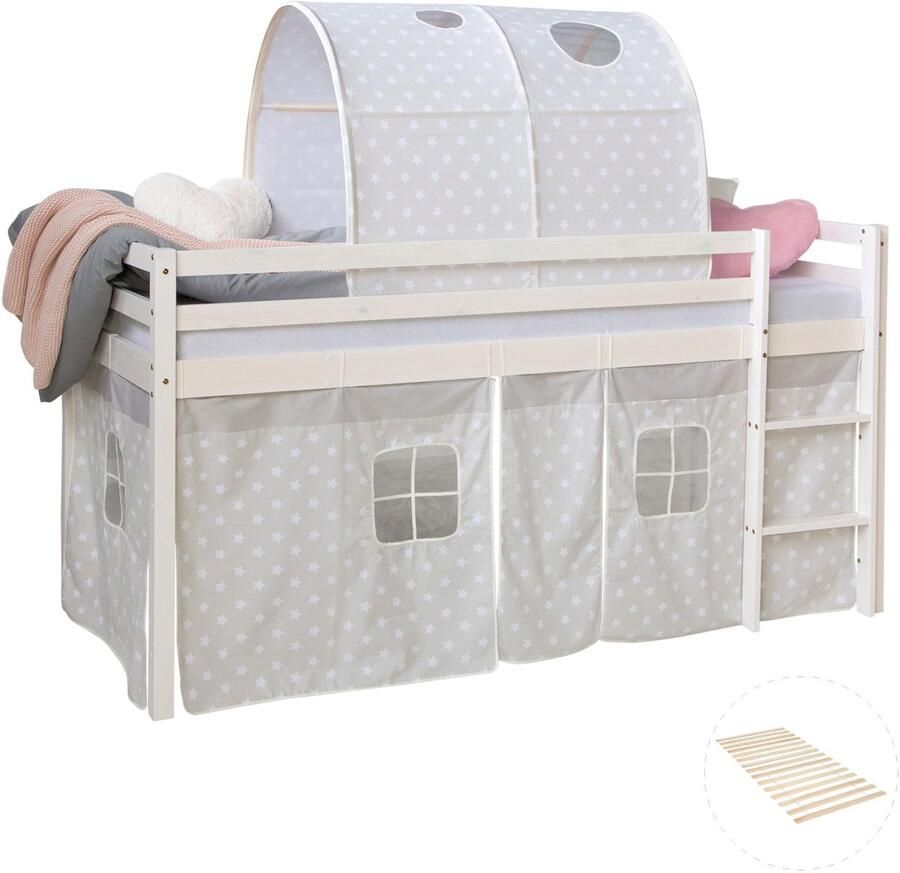Homestyle4u Hochbett mit Lattenrost 90x200 cm Kinderbett Tunnel Vorhang grau Sterne Holz Kiefer Jugendbett