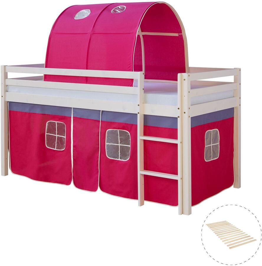 Homestyle4u Hochbett mit Lattenrost 90x200 Kinderbett Tunnel Vorhang pink Holz Kiefer Jugendbett