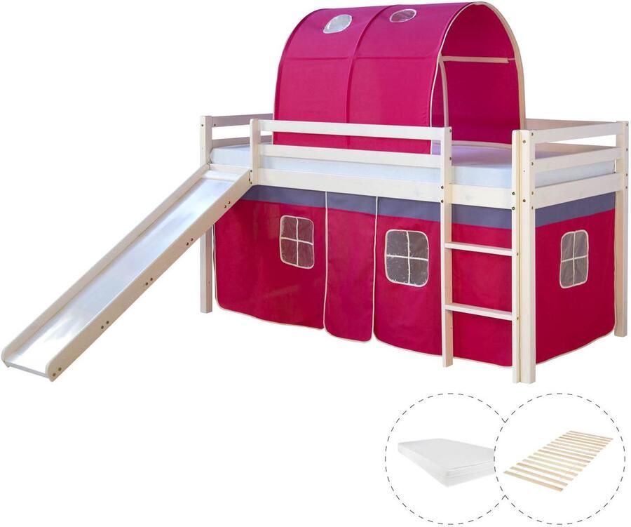 Homestyle4u Hochbett mit Matratze 90x200 Rutsche Stockbett Kinderbett Holz Kiefer Vorhang Tunnel pink Lattenrost