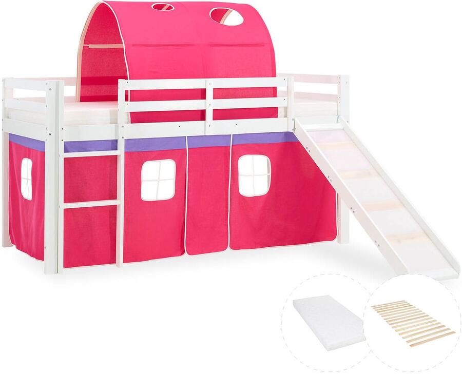 Homestyle4u Hochbett mit Matratze 90x200 Rutsche Stockbett Kinderbett Holz Kiefer Vorhang Tunnel pink Lattenrost - Foto 2