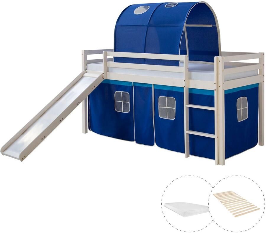 Homestyle4u Hochbett mit Matratze 90x200 Rutsche Stockbett Kinderbett Holz Kiefer Vorhang Tunnel blau Lattenrost