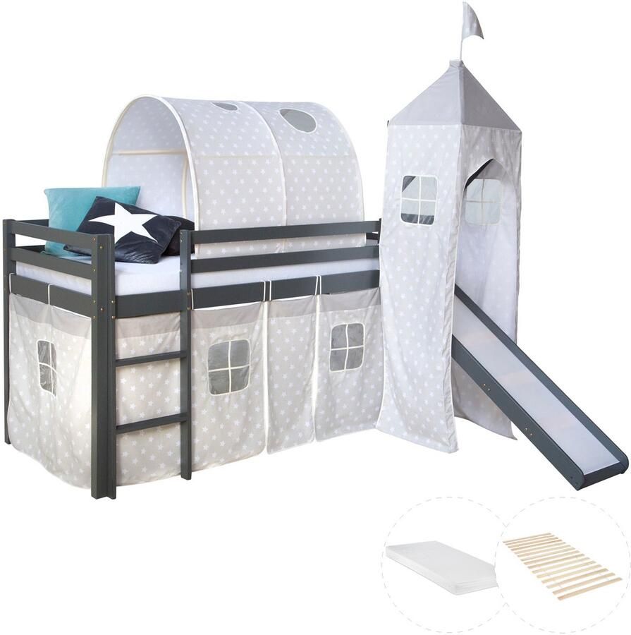 Homestyle4u Hochbett mit Matratze 90x200 Turm Tunnel Rutsche Stockbett Grau Kinderbett Holz Kiefer Vorhang Sterne Lattenrost