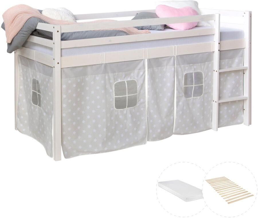 Homestyle4u Hochbett mit Matratze 90x200 cm Weiß Kinderbett Leiter Holz Kiefer Vorhang Sterne grau Jugendbett Lattenrost