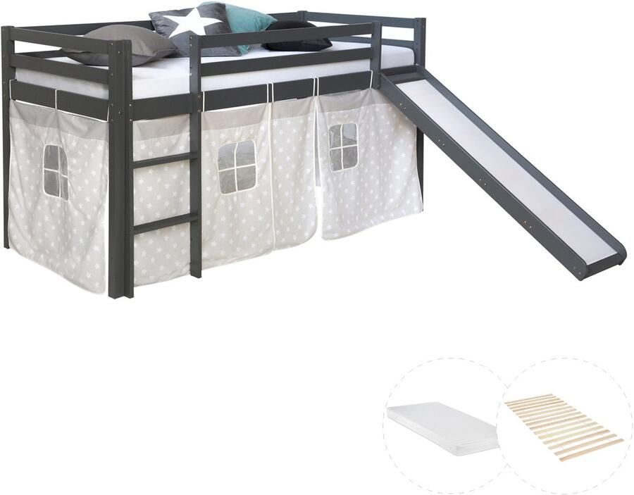 Homestyle4u Hochbett mit Matratze 90x200 Rutsche Stockbett Grau Kinderbett Holz Kiefer Vorhang Sterne Lattenrost