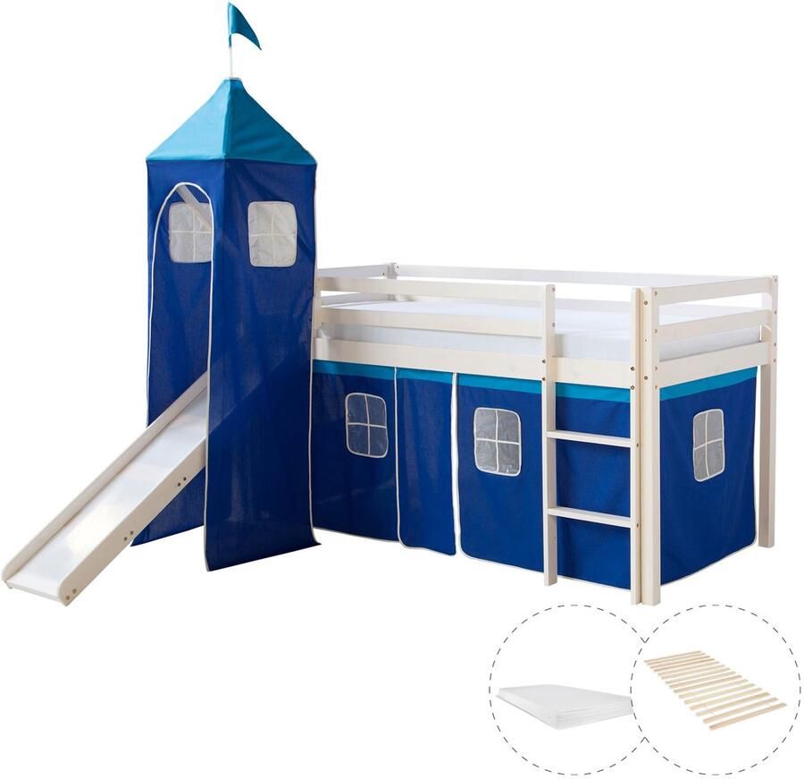 Homestyle4u Hochbett mit Matratze 90x200 cm Turm Rutsche Stockbett Kinderbett Leiter Holz Kiefer Vorhang blau Lattenrost
