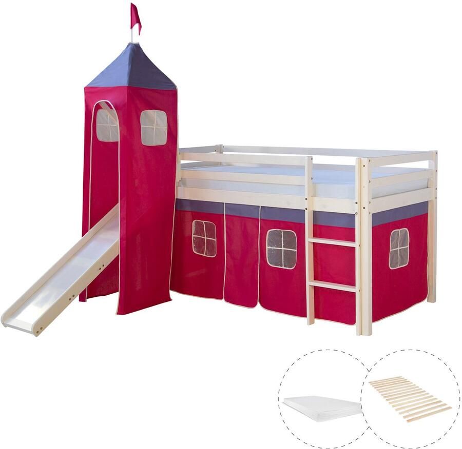 Homestyle4u Hochbett mit Matratze 90x200 cm Turm Rutsche Stockbett Kinderbett Leiter Holz Kiefer Vorhang pink Lattenrost
