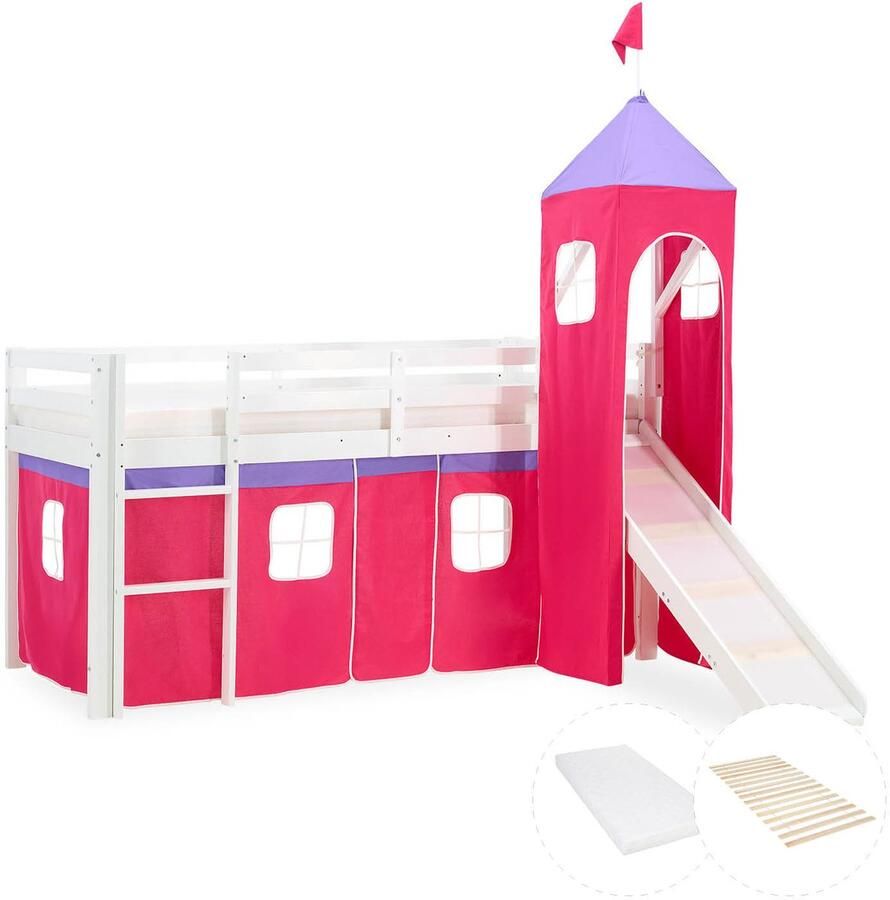 Homestyle4u Hochbett mit Matratze 90x200 cm Turm Rutsche Stockbett Kinderbett Leiter Holz Kiefer Vorhang pink Lattenrost - Foto 2