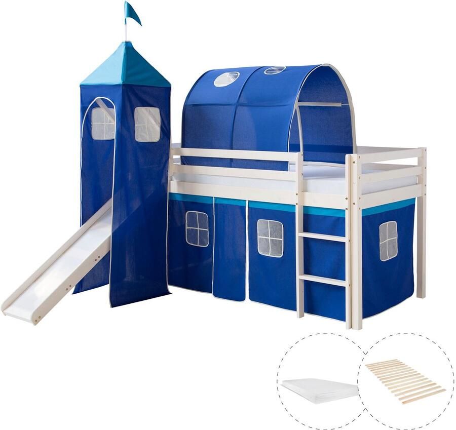 Homestyle4u Hochbett mit Matratze 90x200 cm Turm Tunnel Rutsche Stockbett Kinderbett Leiter Holz Kiefer Vorhang blau Lattenrost