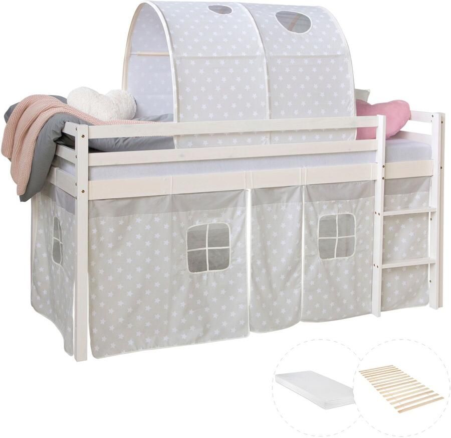 Homestyle4u Hochbett mit Matratze 90x200 cm Weiß Kinderbett Tunnel Vorhang grau Sterne Holz Kiefer Jugendbett Lattenrost