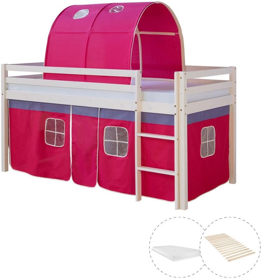 Homestyle4u Hochbett mit Matratze 90x200 cm Kinderbett Tunnel Vorhang Pink Holz Kiefer Lattenrost