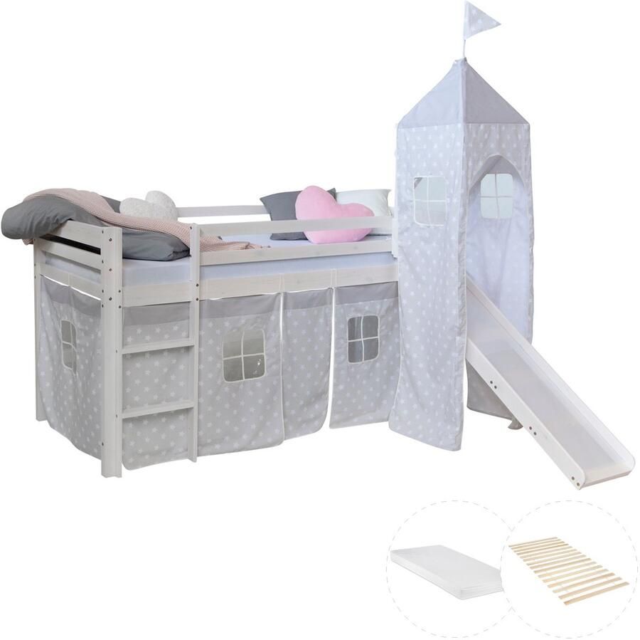 Homestyle4u Hochbett mit Matratze 90x200 Turm Rutsche Stockbett Weiß Kinderbett Holz Kiefer Vorhang grau Sterne Lattenrost
