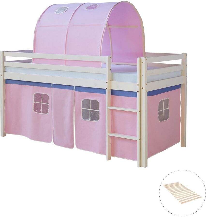 Homestyle4u Hoogslaper 90x200 cm wit roze met lattenbodem tunnel