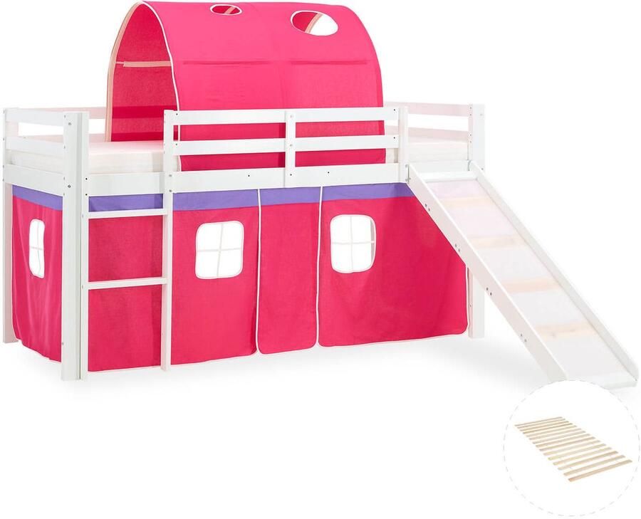 Homestyle4u Hochbett mit Lattenrost 90x200 Rutsche Stockbett Kinderbett Holz Kiefer Vorhang Tunnel pink - Foto 2