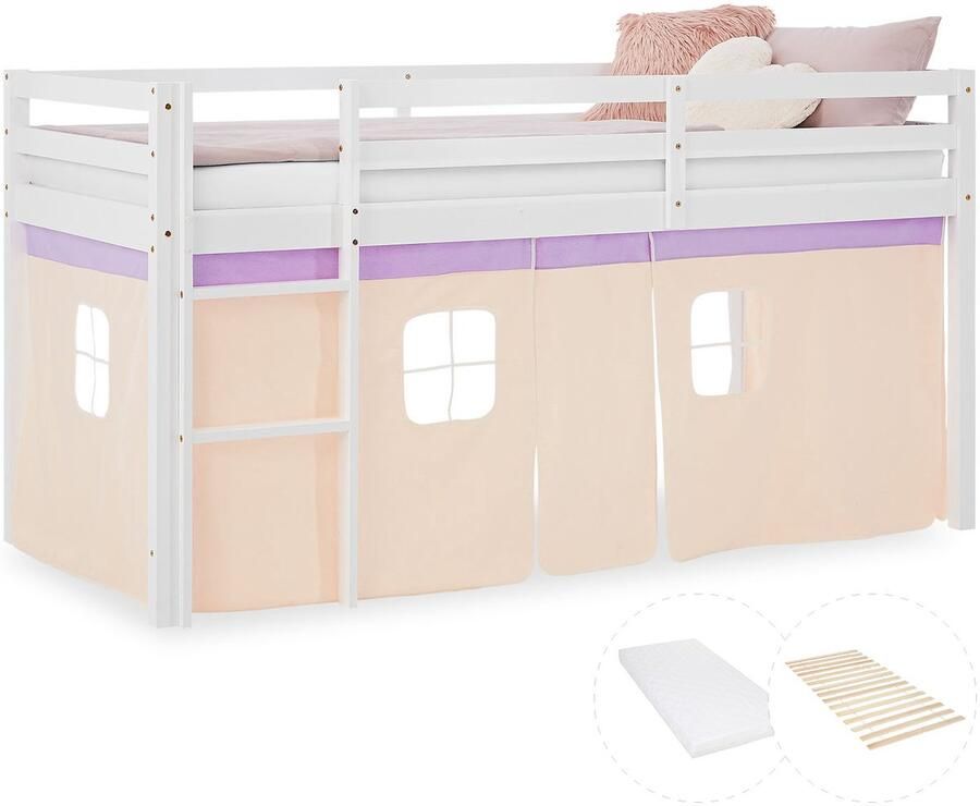 Homestyle4u Hochbett Kinder 90x200 cm mit Matratze Kinderbett Kinderhochbett Stockbett Vorhang Lila Beige Holz Massiv Lattenrost