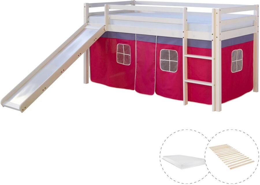 Homestyle4u Hochbett mit Matratze 90x200 cm Rutsche Stockbett Kinderbett Leiter Holz Kiefer Vorhang Pink Lattenrost