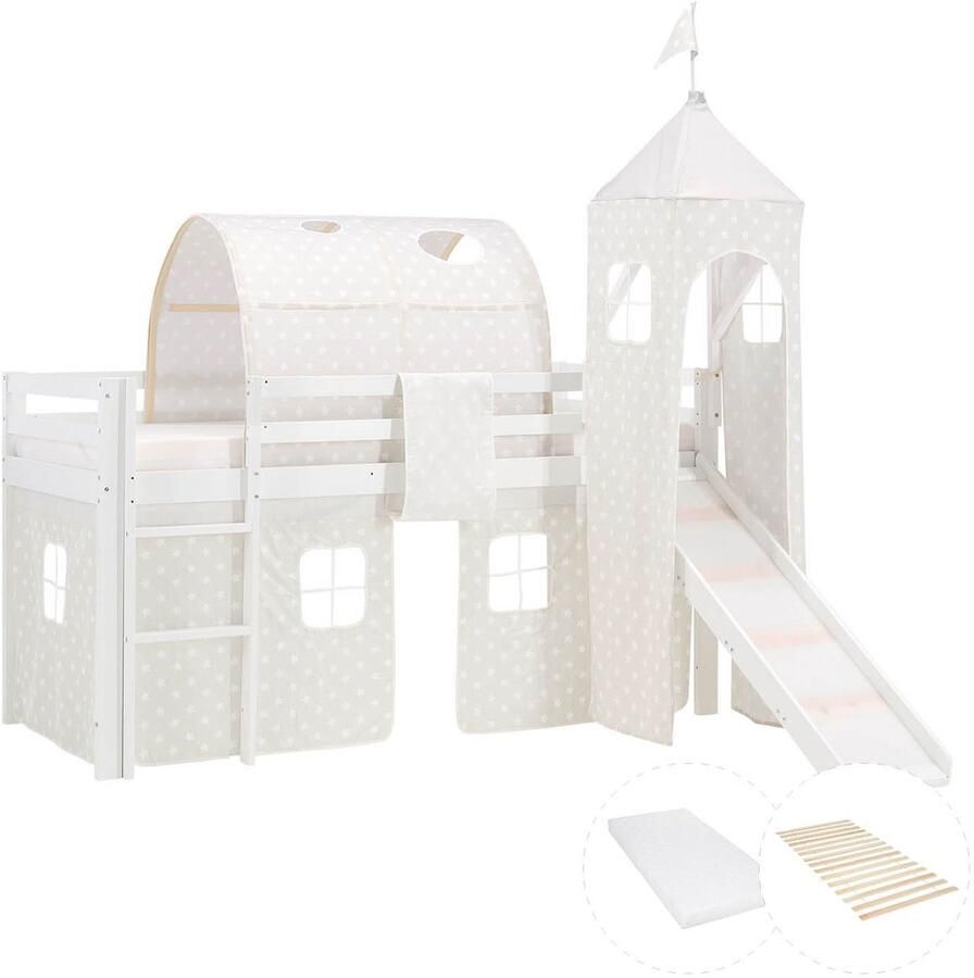 Homestyle4u Hochbett mit Matratze 90x200 Turm Tunnel Rutsche Stockbett Weiß Kinderbett Holz Kiefer Vorhang Sterne grau Lattenrost - Foto 2