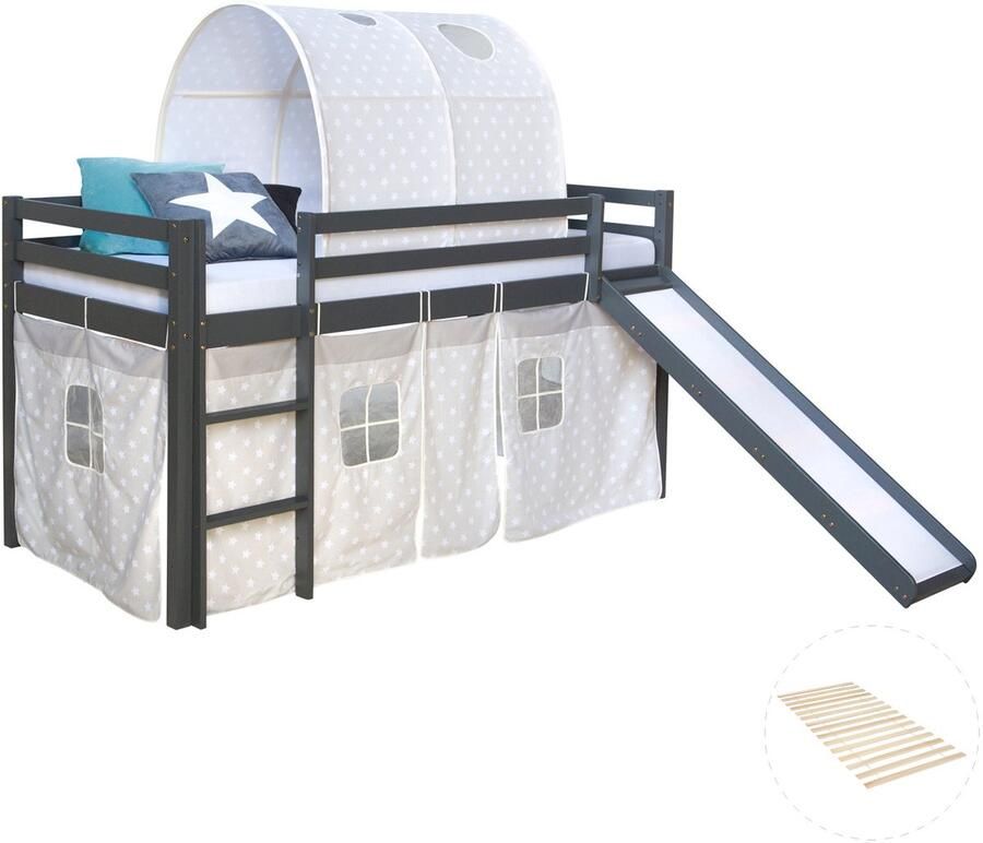Homestyle4u Hochbett mit Lattenrost 90x200 Rutsche Stockbett Grau Kinderbett Holz Kiefer Vorhang Tunnel Sterne