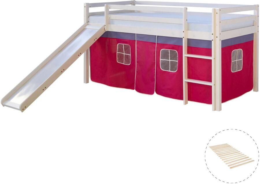 Homestyle4u Hochbett mit Lattenrost 90x200 Rutsche Stockbett Kinderbett Holz Kiefer Vorhang pink