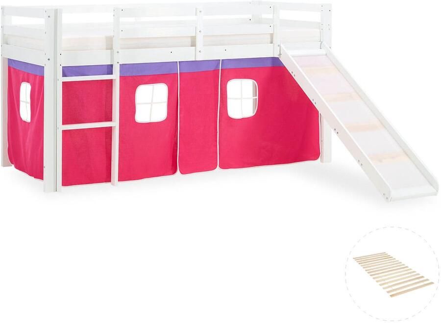 Homestyle4u Hochbett mit Lattenrost 90x200 Rutsche Stockbett Kinderbett Holz Kiefer Vorhang pink - Foto 2