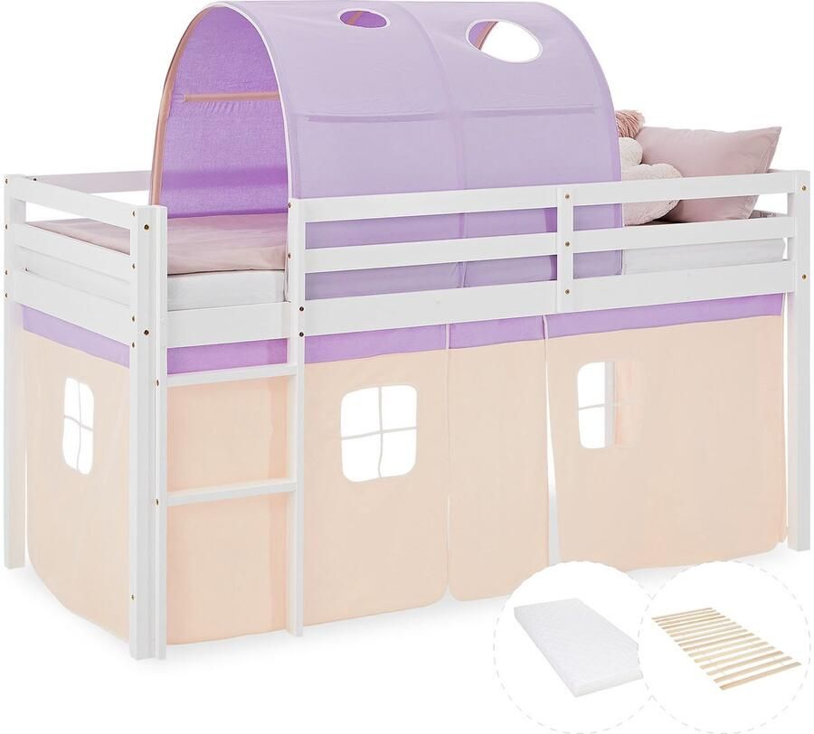 Homestyle4u Hochbett Kinder 90x200 cm mit Matratze Kinderbett Kinderhochbett Stockbett Tunnel Vorhang Lila Peach Holz Lattenrost