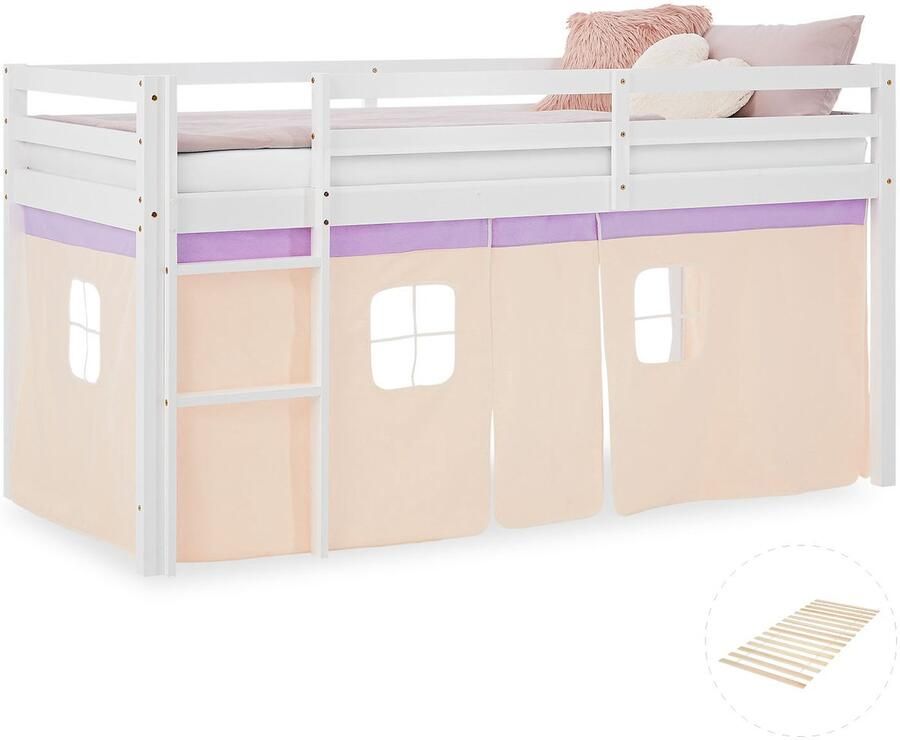 Homestyle4u Hochbett Kinder 90x200 cm mit Lattenrost Kinderbett Kinderhochbett Stockbett Vorhang Lila Peach Holz Massiv