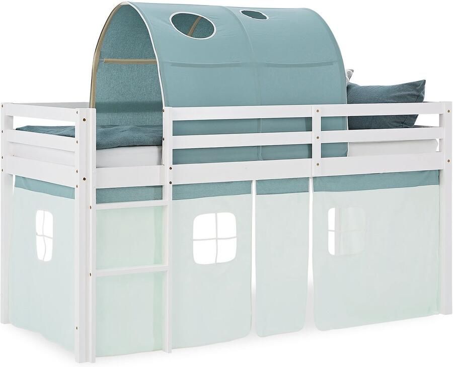 Homestyle4u Hochbett Kinder 90x200 cm Kinderbett Kinderhochbett Stockbett Tunnel Vorhang Grün Mintgrün Leiter Holz Massiv