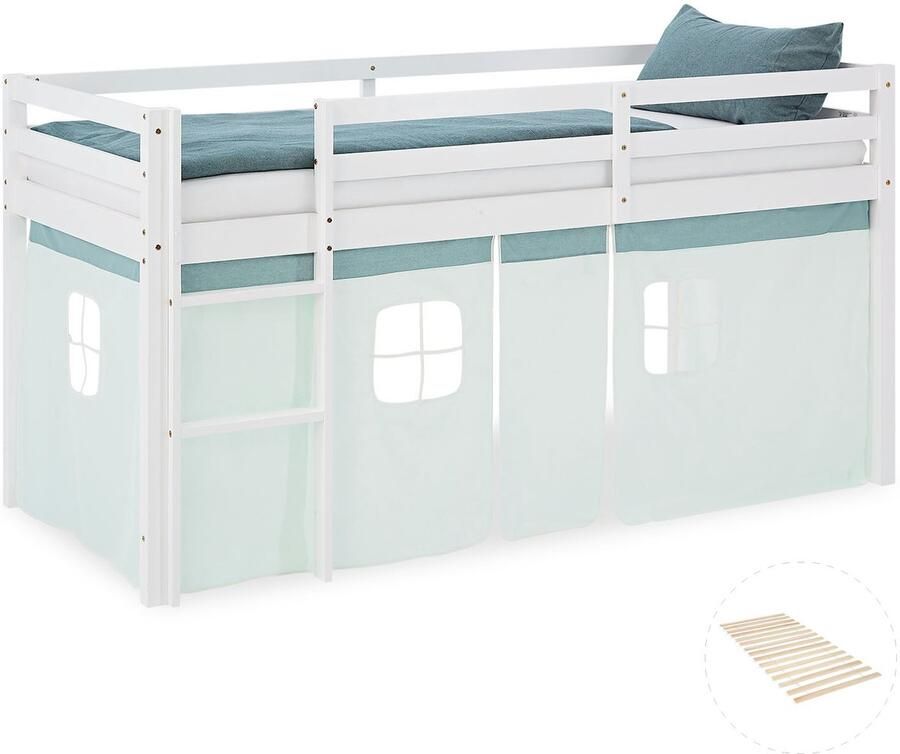 Homestyle4u Hochbett Kinder 90x200 cm mit Lattenrost Kinderbett Kinderhochbett Stockbett Vorhang Grün Mintgrün Holz Massiv