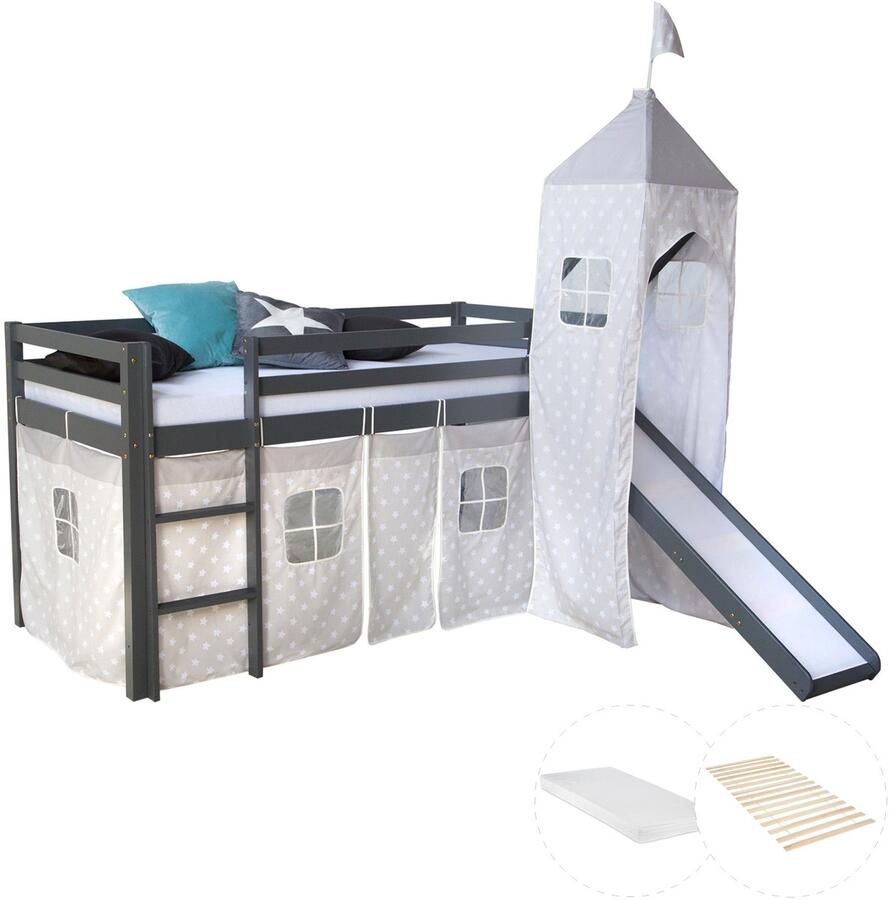 Homestyle4u Hochbett mit Matratze 90x200 Turm Rutsche Stockbett Grau Kinderbett Holz Kiefer Vorhang Sterne Lattenrost