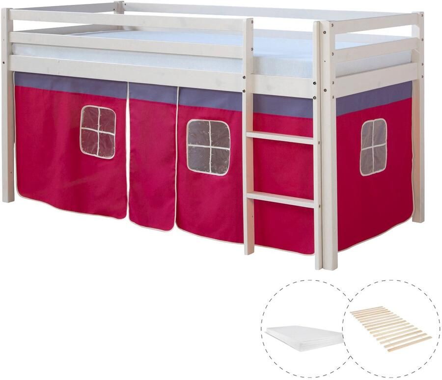 Homestyle4u Hochbett mit Matratze 90x200 Kinderbett Leiter Holz Kiefer Vorhang Pink Jugendbett Lattenrost