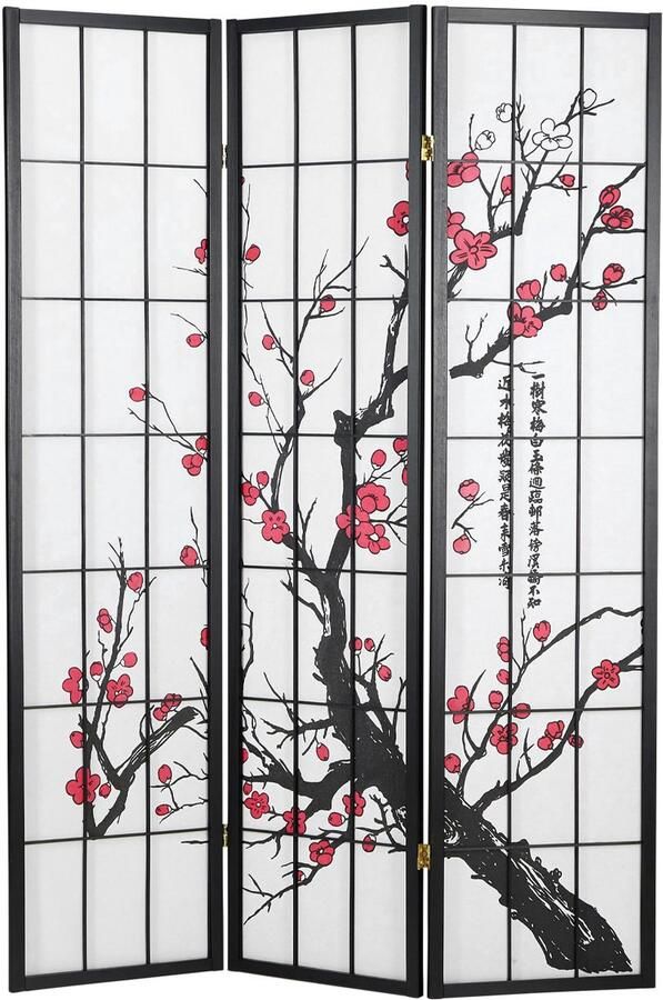 Homestyle4u Kamerscherm 132x179 cm zwart 3-delig kersenpatroon