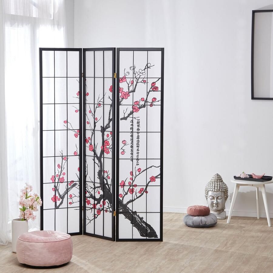 Homestyle4u Kamerscherm 132x179 cm zwart 3-delig kersenpatroon - Foto 2
