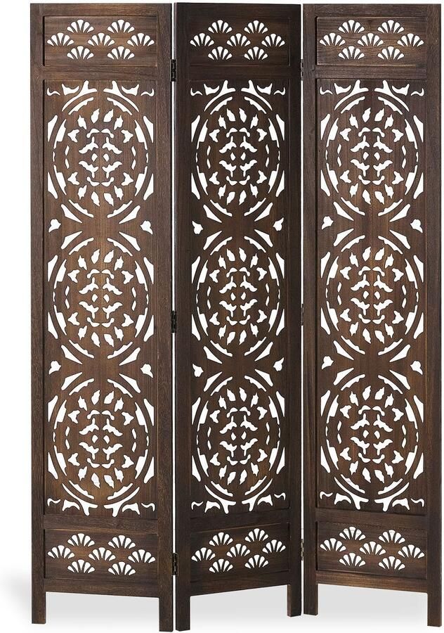 Homestyle4u Kamerscherm 3-Panelen – Donkerbruin Roomdivider met Sierlijk Uitsnijwerk