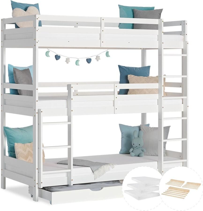 Homestyle4u kinderbed 90 x 200 cm Hoogslaper voor 3 kinderen met matrassen bedlade wit