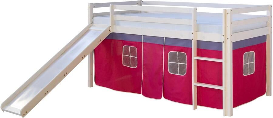 Homestyle4u Kinderbed 90x200 cm Hoogslaper met glijbaan wit met roze gordijn