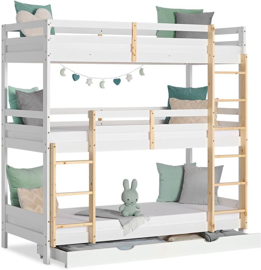 Homestyle4u Kinderbed 90x200 cm Hoogslaper voor 3 kinderen met bedlade wit en natuurkleur