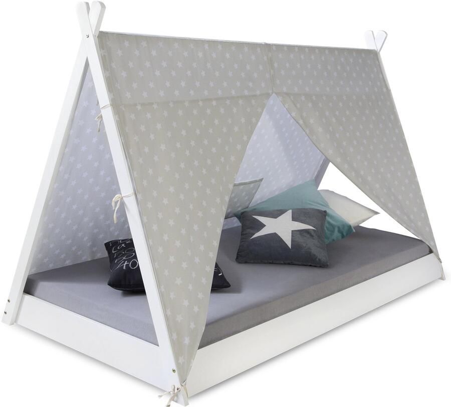 Homestyle4u Kinderbed 90x200 cm Houten bed TIPI tentbed Wit en Grijs