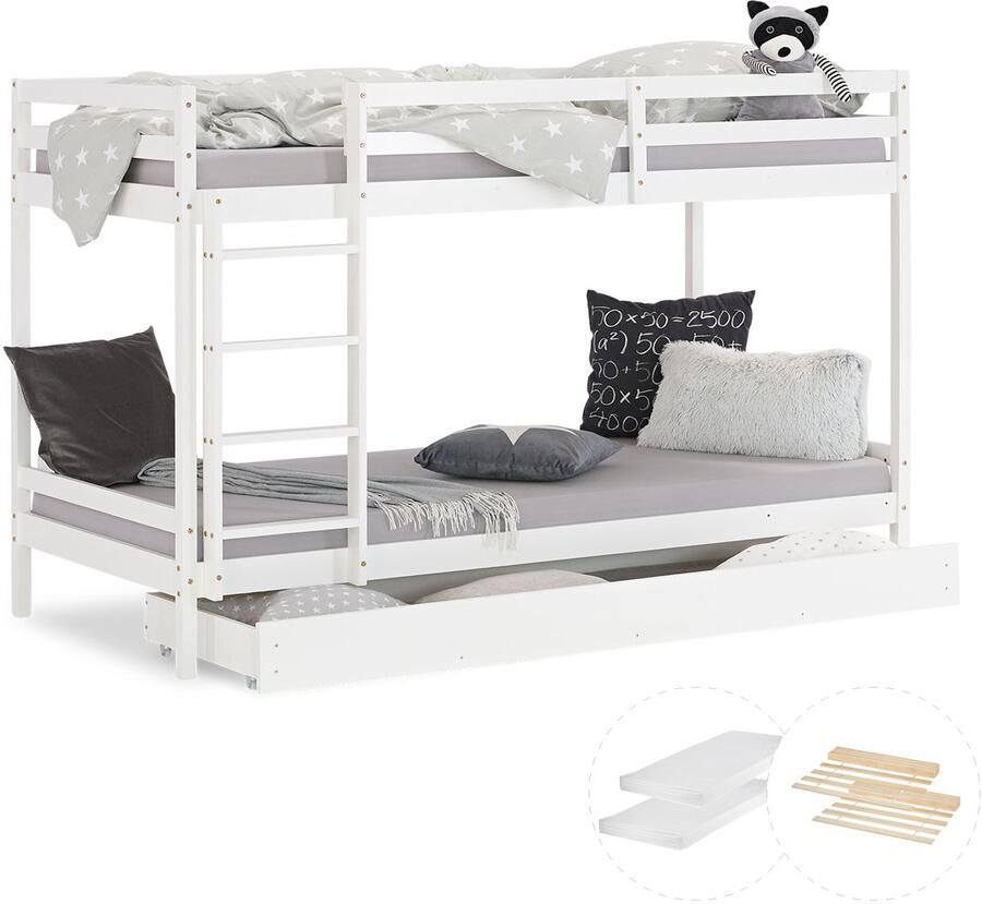 Homestyle4u kinderbed 90x200 cm kinderhoogslaper Wit met lattenbodem en matras