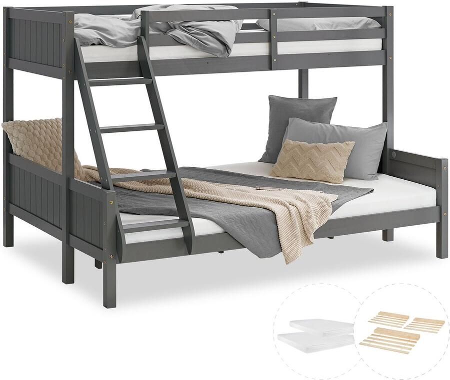 Homestyle4u Kinderbed 90x200 en 140x200 cm hoogslaper met 2 matrassen grijs